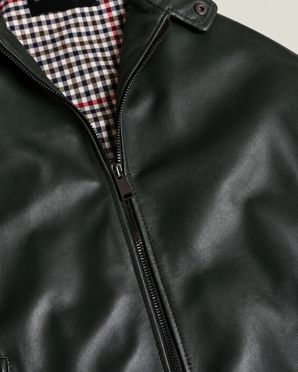 lossiemouth-forest-green-leather-cafe-racer-jacket-unzipped-raw Lossiemouth Forest Green Leather Café Racer Jacket