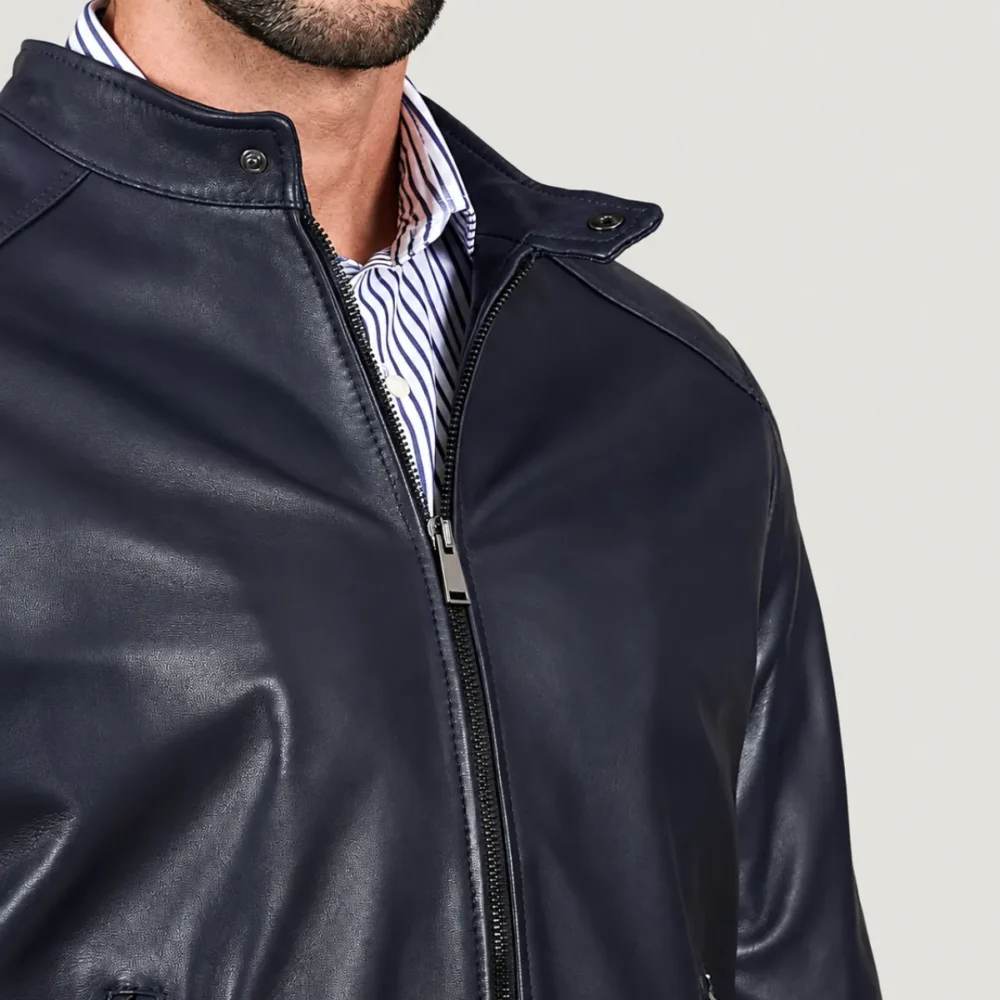 lossiemouth-navy-blue-leather-cafe-racer-jacket-closeup-collar Lossiemouth Navy Blue Leather Café Racer Jacket