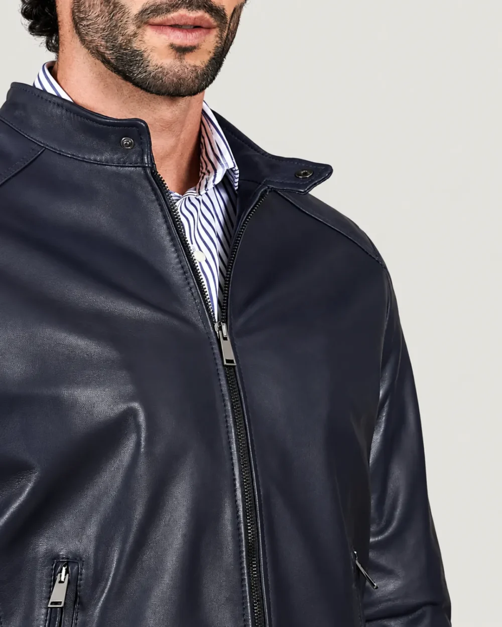 lossiemouth-navy-blue-leather-cafe-racer-jacket-closeup-collar Lossiemouth Navy Blue Leather Café Racer Jacket