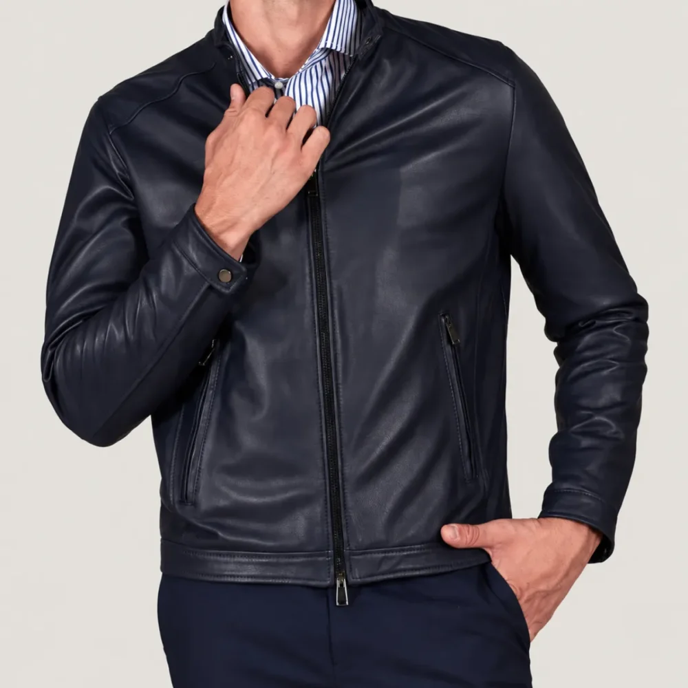 lossiemouth-navy-blue-leather-cafe-racer-jacket-front-posing Lossiemouth Navy Blue Leather Café Racer Jacket
