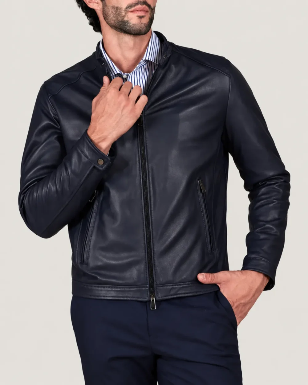 lossiemouth-navy-blue-leather-cafe-racer-jacket-front-posing Lossiemouth Navy Blue Leather Café Racer Jacket