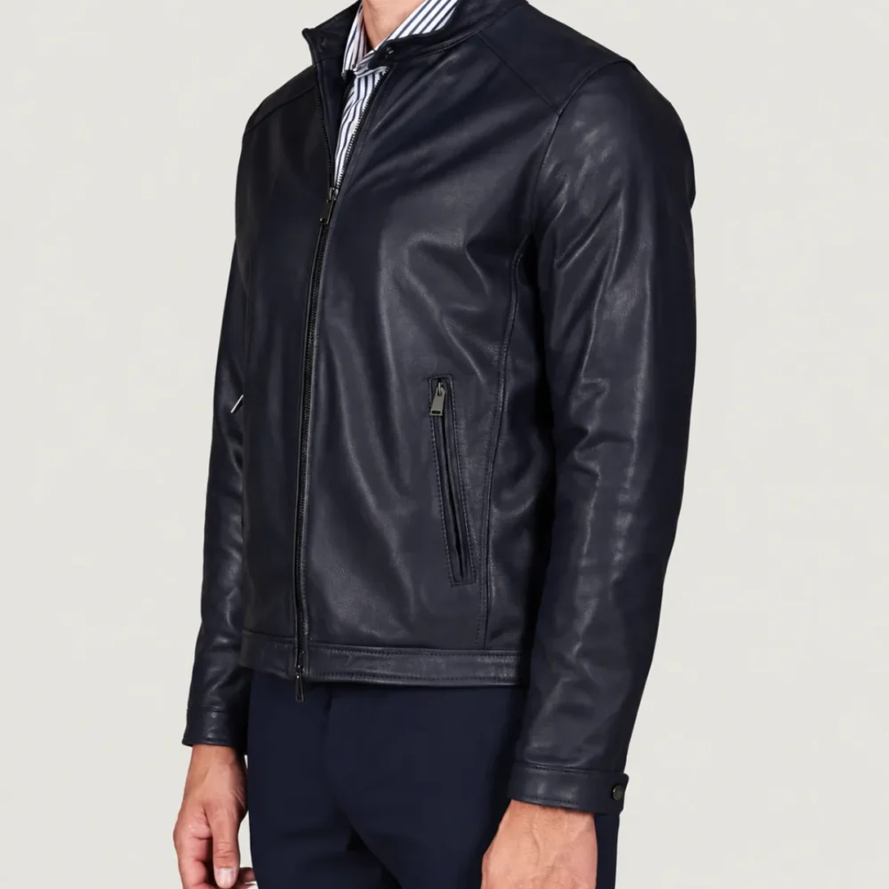 lossiemouth-navy-blue-leather-cafe-racer-jacket-front-side Lossiemouth Navy Blue Leather Café Racer Jacket