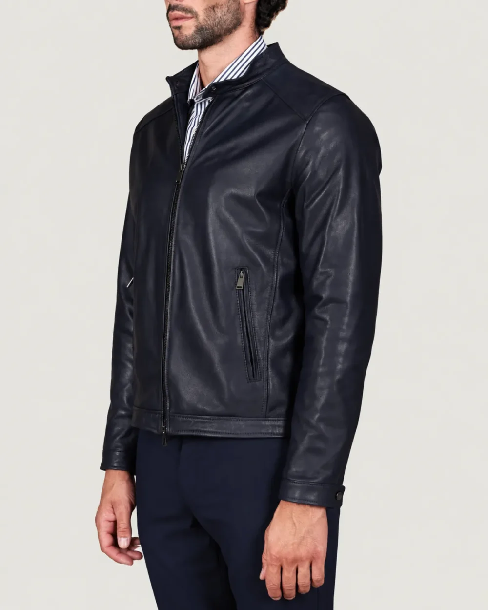lossiemouth-navy-blue-leather-cafe-racer-jacket-front-side Lossiemouth Navy Blue Leather Café Racer Jacket