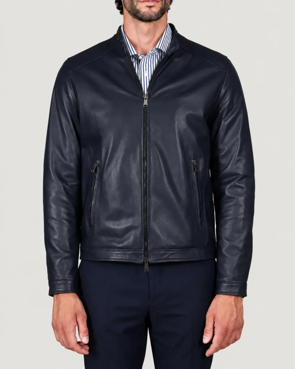 lossiemouth-navy-blue-leather-cafe-racer-jacket-main Lossiemouth Navy Blue Leather Café Racer Jacket