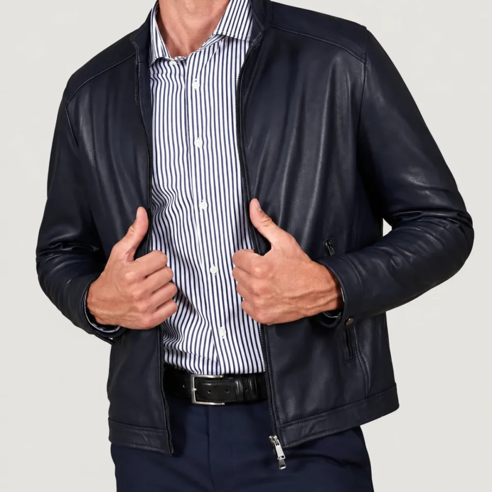 lossiemouth-navy-blue-leather-cafe-racer-jacket-unzipped Lossiemouth Navy Blue Leather Café Racer Jacket