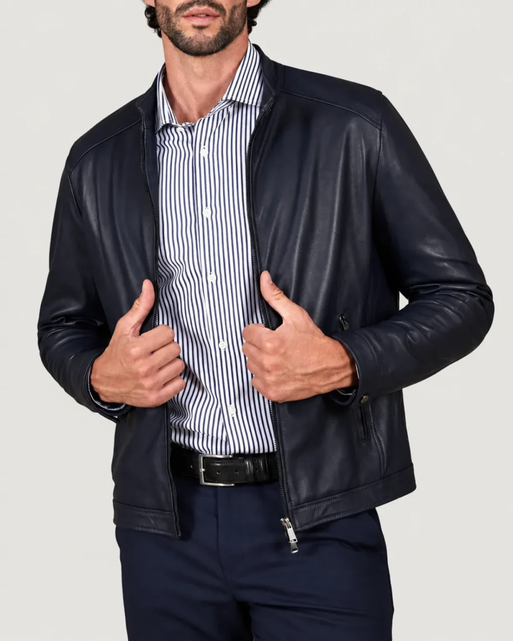 lossiemouth-navy-blue-leather-cafe-racer-jacket-unzipped Lossiemouth Navy Blue Leather Café Racer Jacket