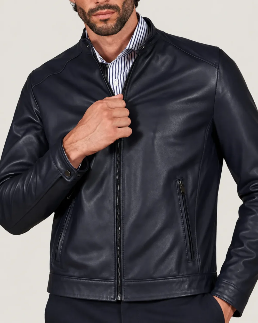 lossiemouth-navy-blue-leather-cafe-racer-jacket-zipper Lossiemouth Navy Blue Leather Café Racer Jacket