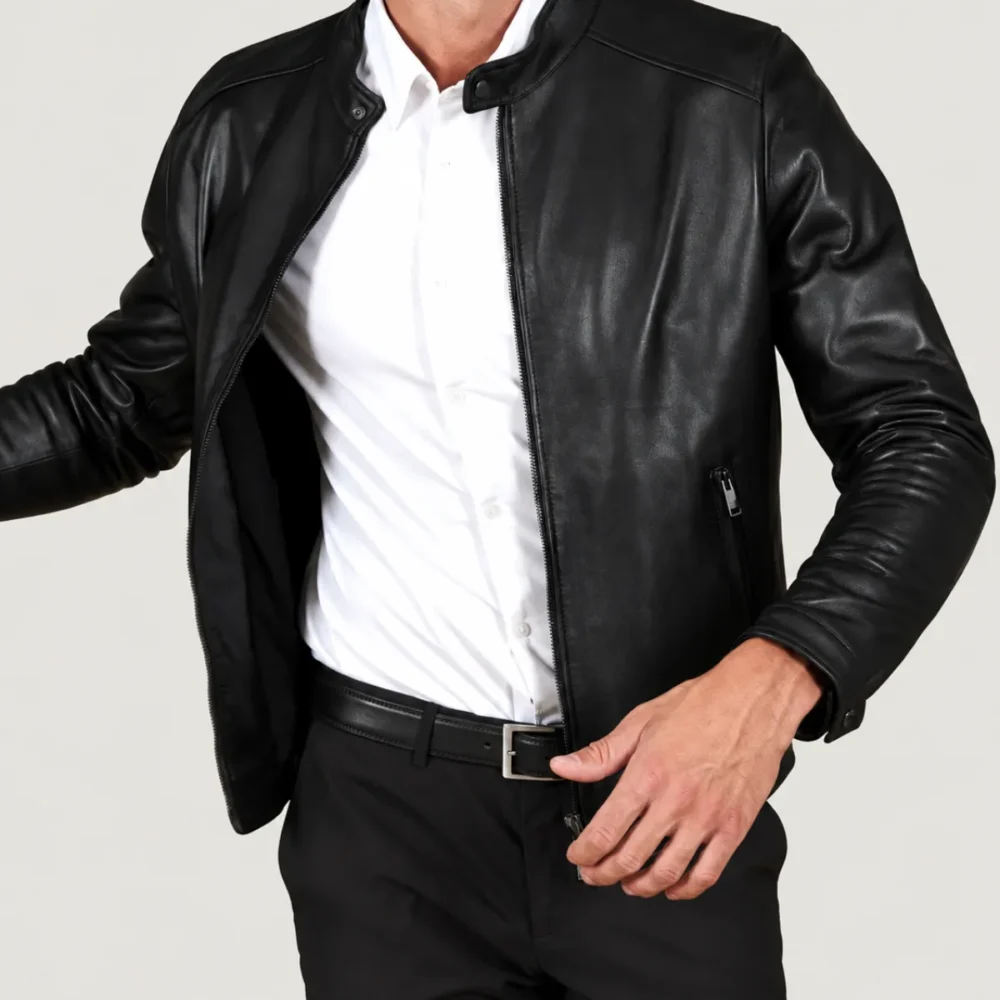 Lossiemouth Panelled Black Leather Café Racer Jacket
